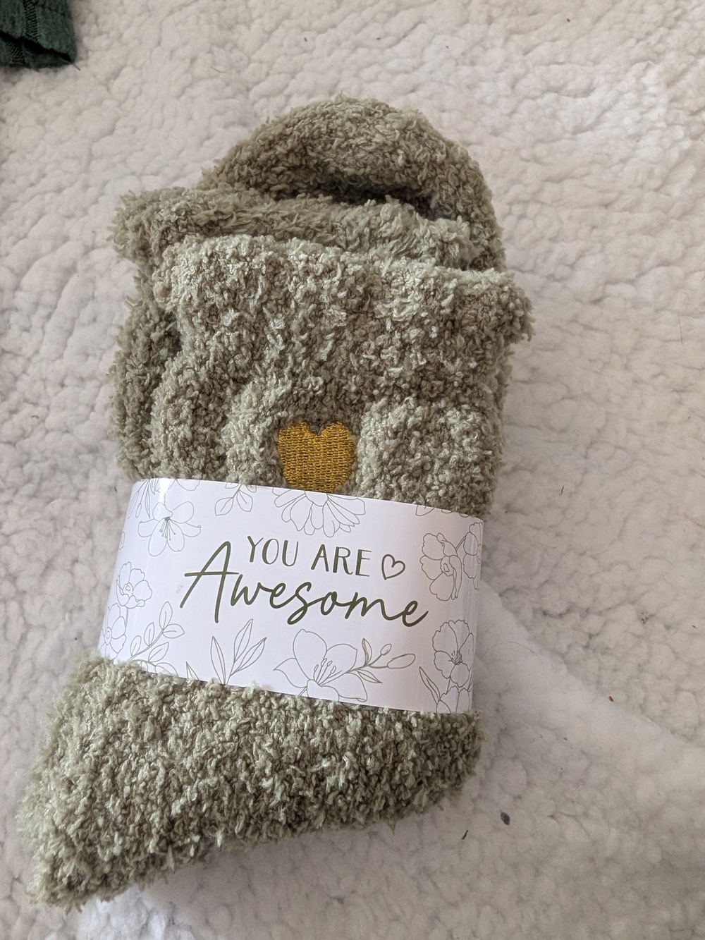 Amazon Plush Crew Socks in Olive Green with Gold Heart